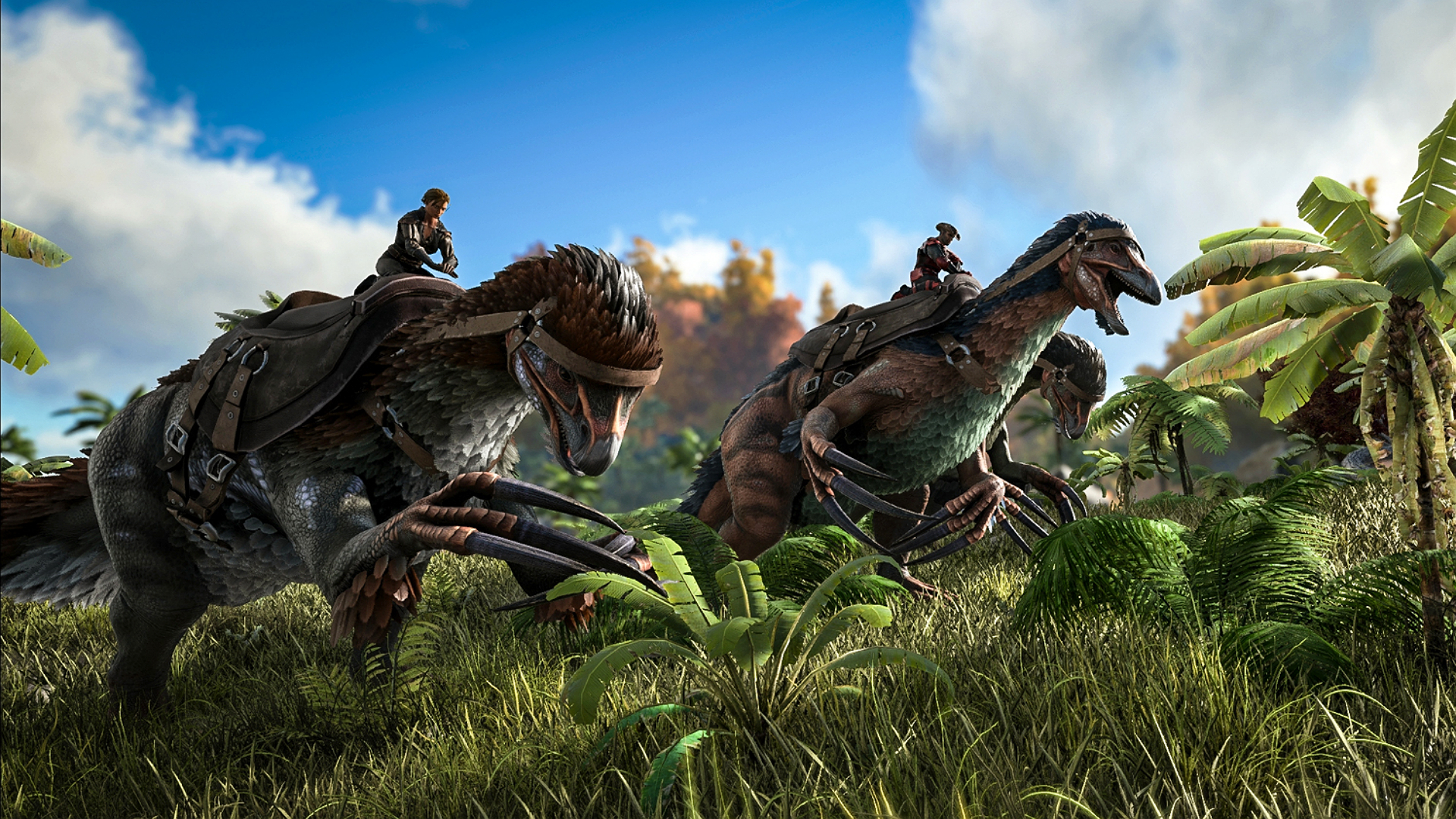 imagem com dois dinossauros da espécie Therezinosaurus sendo montados por dois humanos em uma área verde com muita grama, algumas árvores e uma montanha desfocada atrás e um céu azul com nuvens brancas