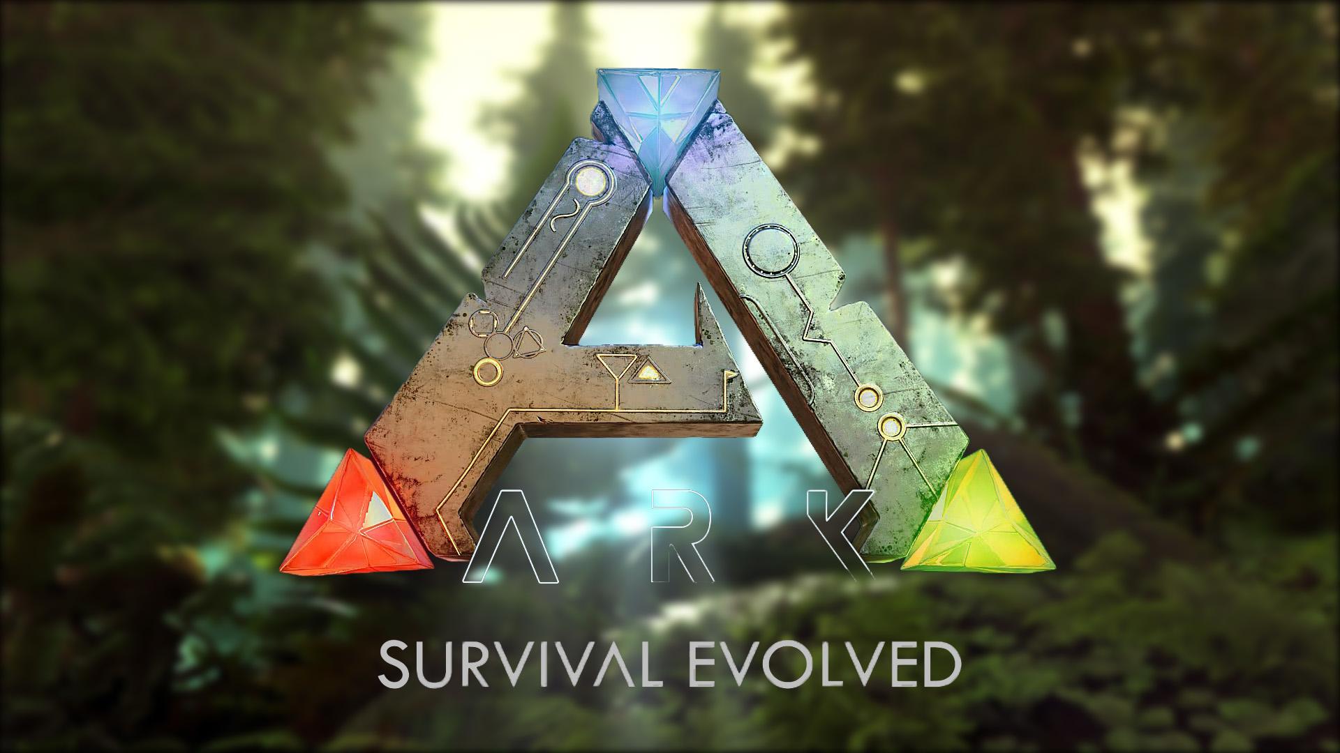 Logo do jogo ARK: Survival Evolved sobreposta sobre a imagem de uma floresta no canto superior direito da página.